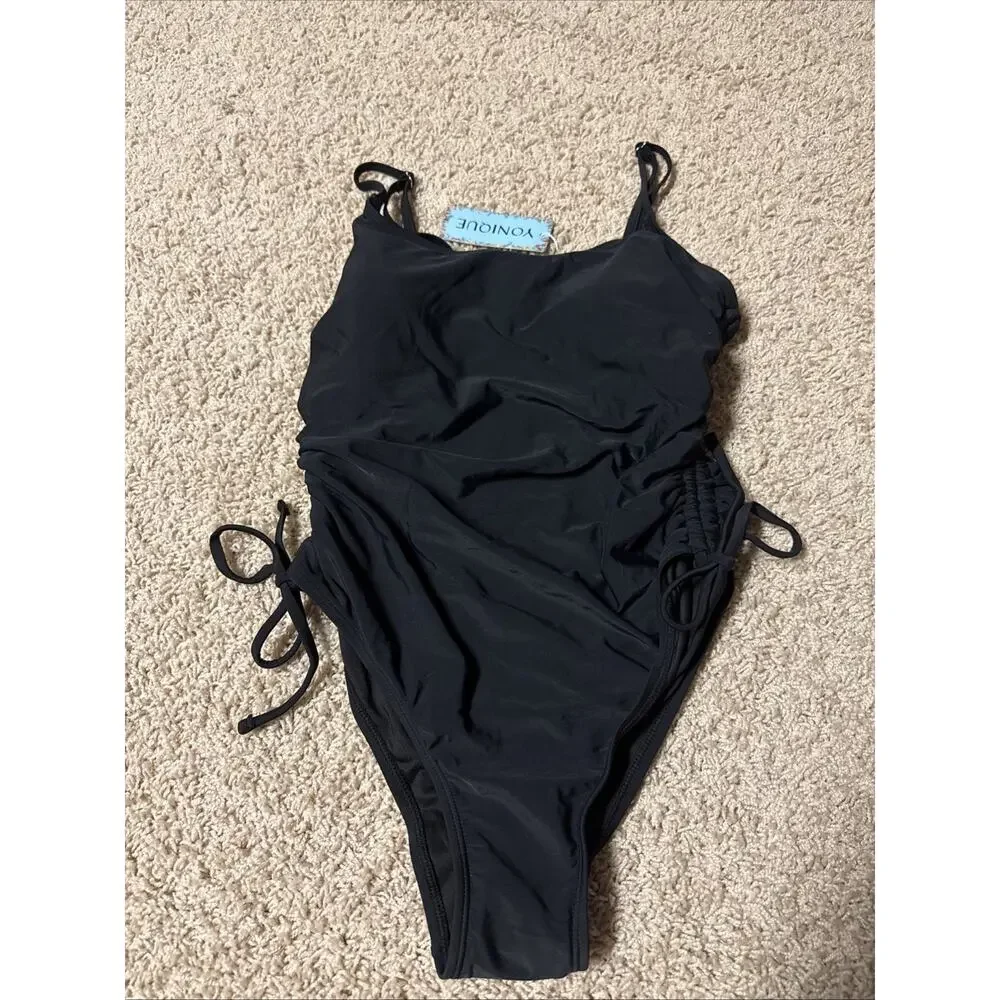 NWT Viottiset Women's Ruched High Cut One Piece Swimsuit Tummy Control Black M